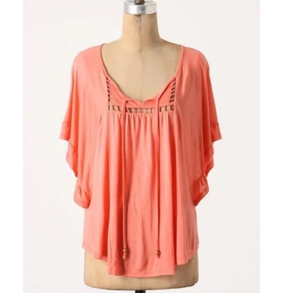 Anthropologie coral boho butterfly flutter sleeve top - Picture 1 of 7